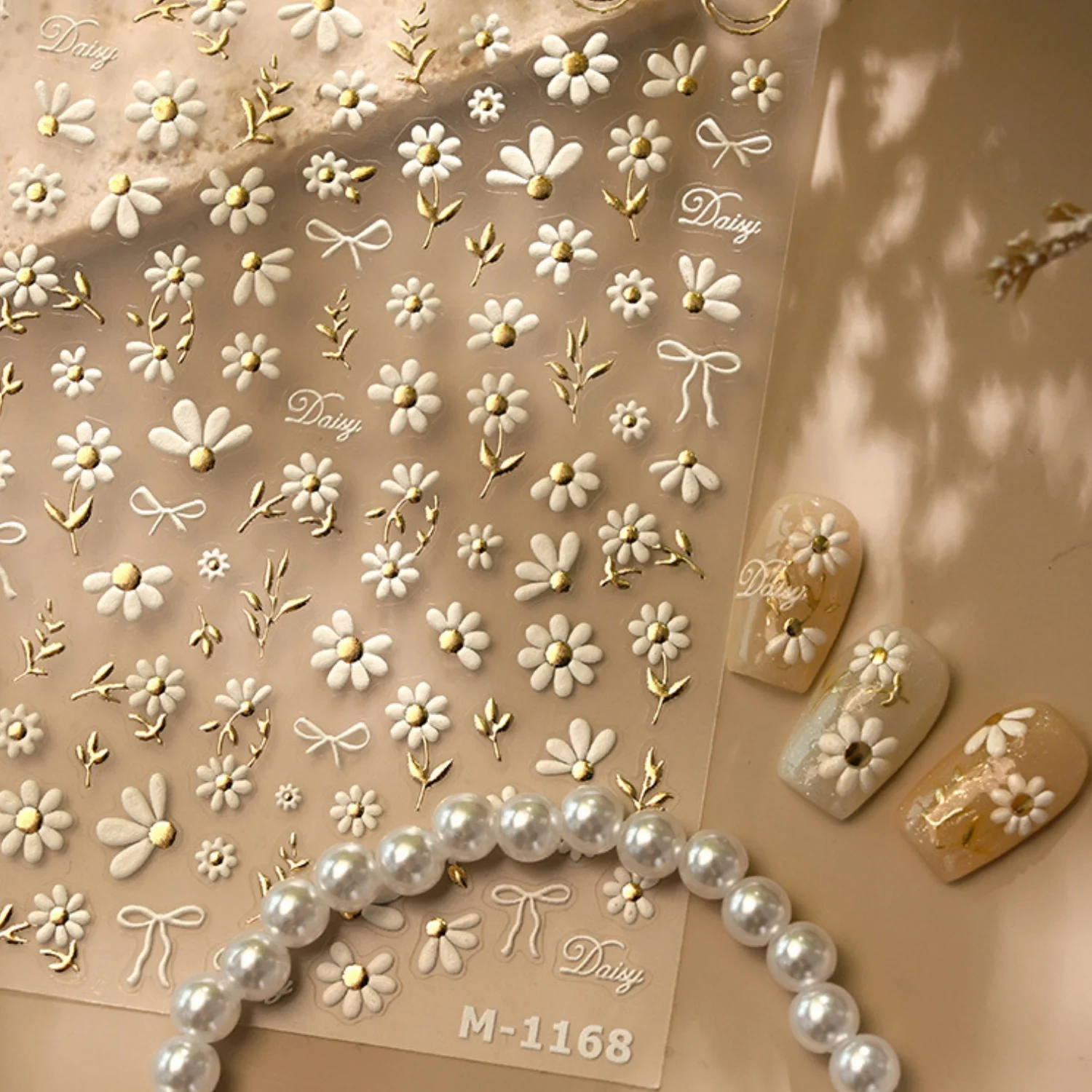 Gold Foil Daisy Nail Art Stickers 5D White Gold Flower Golden Heart Leaf Moon Bow Self-Adhesive Decals Acrylic Nails Manicure