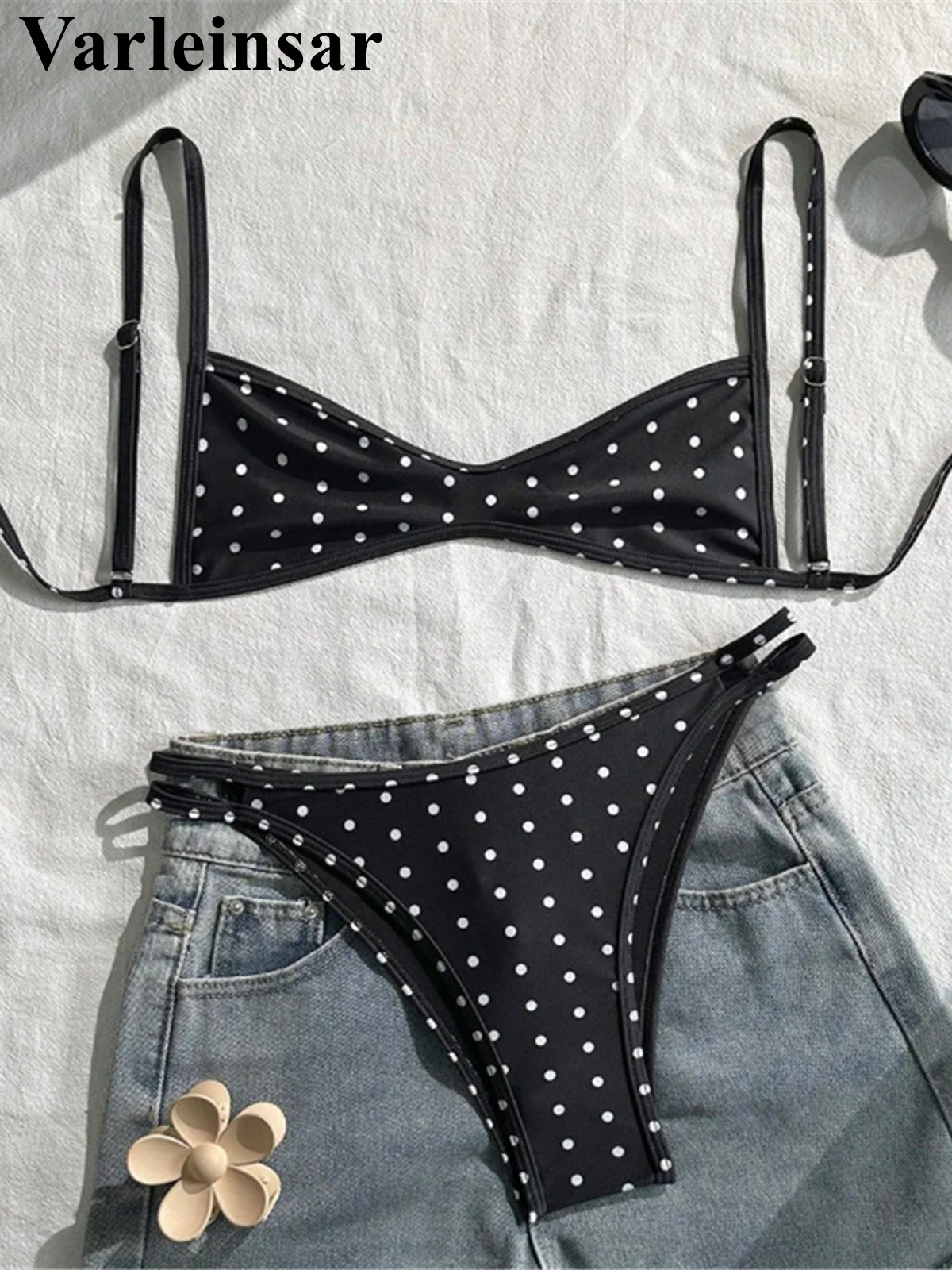 S - XL Polka Dot V Neck Bikini Women Swimwear Female Swimsuit Two-Pieces Bikini Set High Leg Cut Bather Bathing Suit Swim V8147