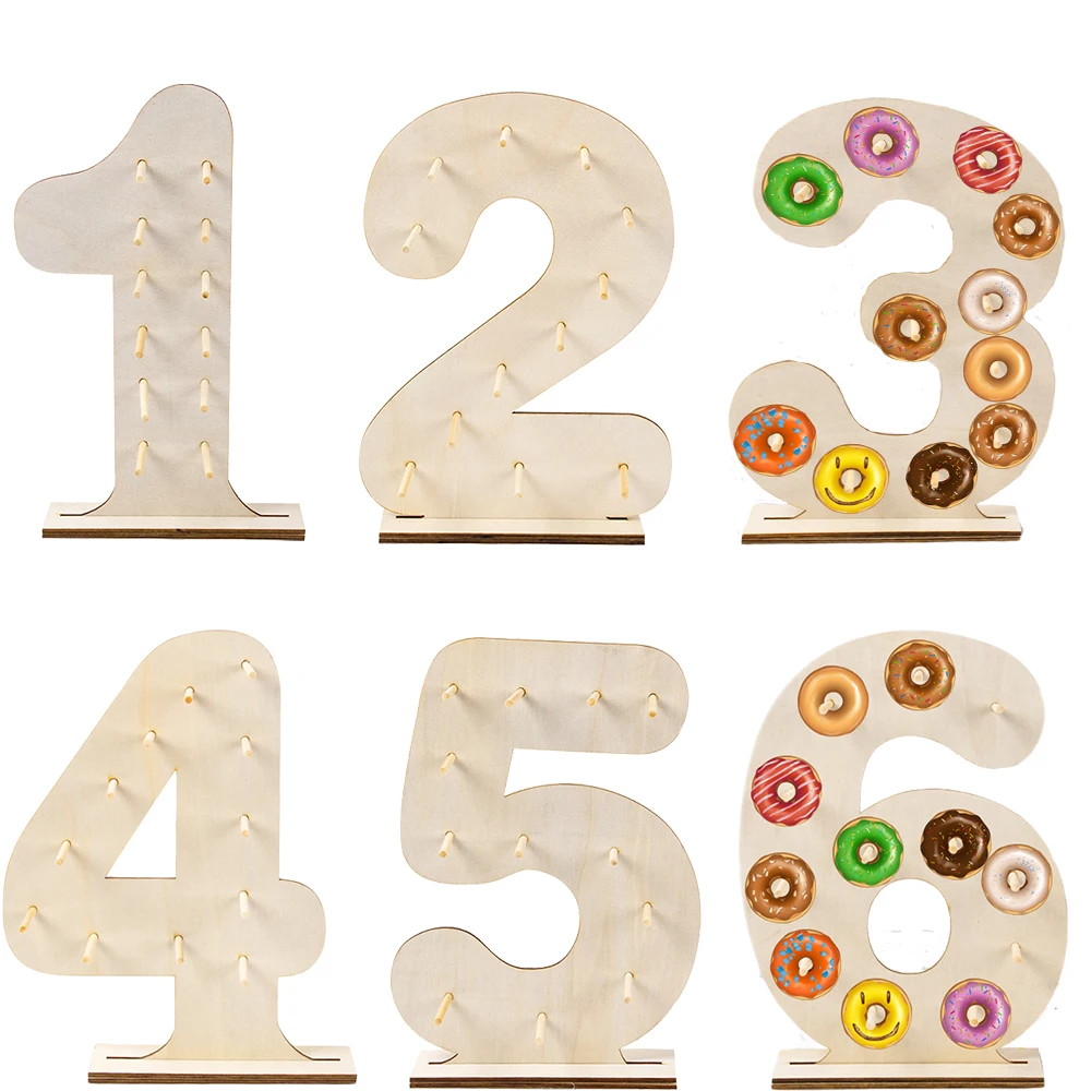 

1set Number Shaped Donut Wall Display Donut Rack Decorative Doughnut and Bagel Holder Donut Birthday Decor Wooden Donut Stand