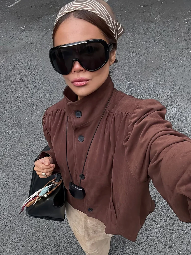 HH Women 2025 Autumn Vintage Suede Pleated Jacket Female Temperament Turtleneck Single-breasted Pockets Casual Short Coat