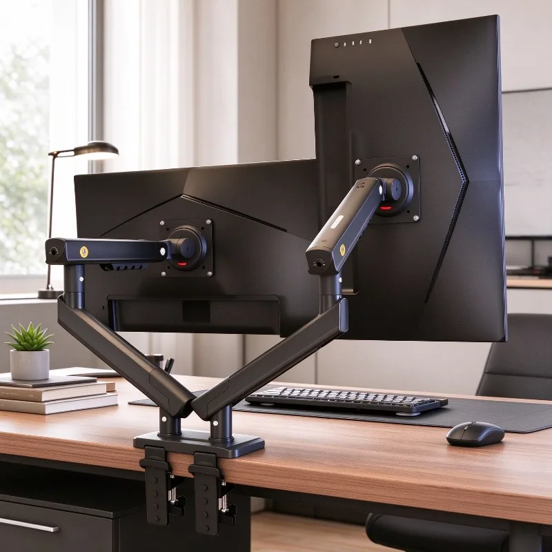 Adjustable Monitor Arm for 17 to 32 Inch Screens, Five Axis Aluminum Mount with Torsion Spring, Portrait Landscape Rotation