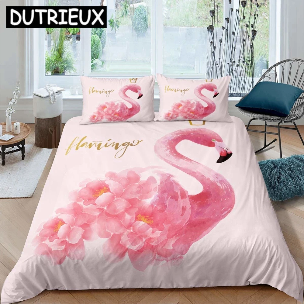 Flamingo Duvet Cover Set Girly Flowers Tropical Animal Bedding Set Pink Floral Polyester Comforter Cover For Girl Children Women