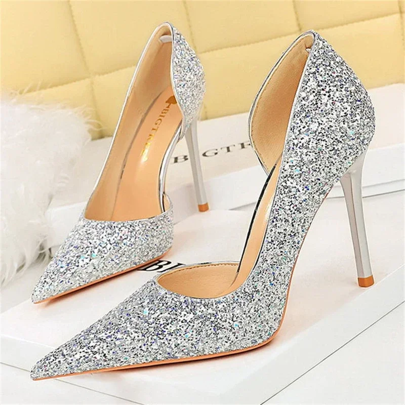 BIGTREE Sexy Stripper Pointed Toe Banquet Woman Pumps Stiletto High Heel Shallow Side Hollowed Out Glitter Sequin Wedding Shoes