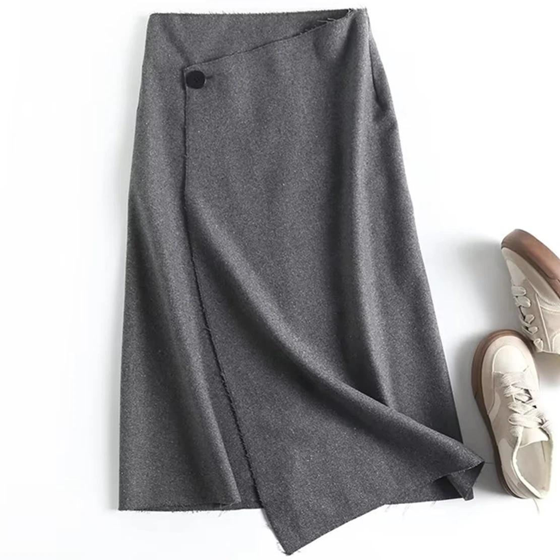 

Jenny&Dave England Style Office Lady Fahsion Grey Color Asymmetrical Woolen Midi SKirts Women