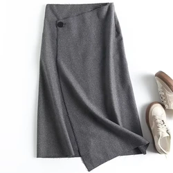 Jenny&Dave England Style Office Lady Fahsion Grey Color Asymmetrical Woolen Midi SKirts Women