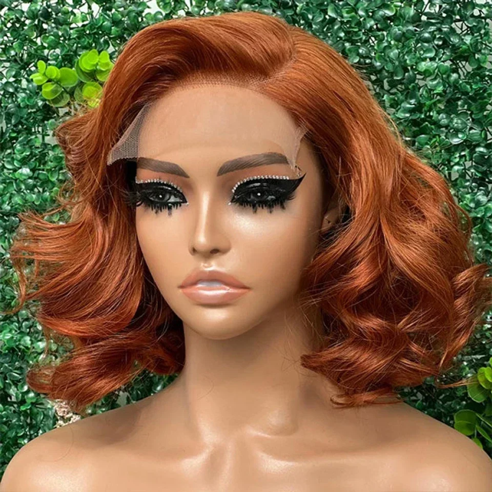 Jahe oranye pendek rambut manusia Bob renda Wig Frontal untuk wanita gelombang longgar Wig renda Tubuh gelombang Brazilian Perruque Cheveux Humain