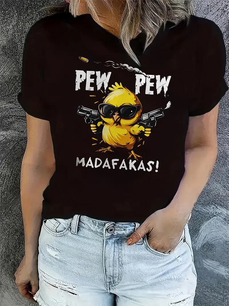 

Женская повседневная футболка с рисунком и игривым цыпленком PEW PEW MADAFAKAS, футболка с короткими рукавами и принтом, одежда, футболка