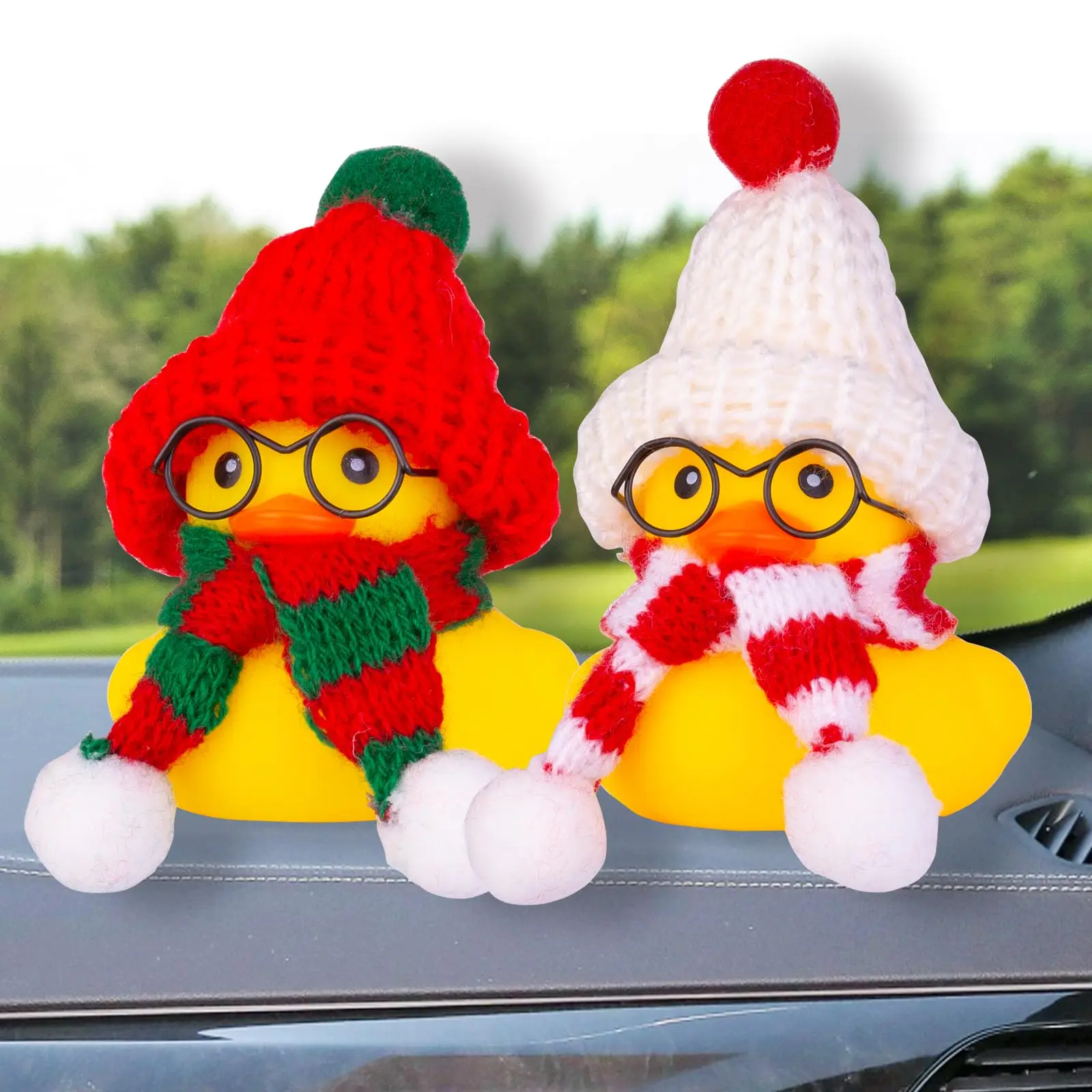 2 Pack Car Rubber Ducks Dashboard Decoration Winter Ducks Car Ornaments Accessories with Mini Beanie Hats, Scarves and Sunglasse