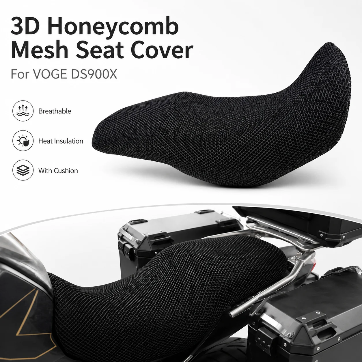 Loncin VOGE DS900X Compatible 3D Honeycomb Mesh Motorcycle Seat Cover Breathable Heat Insulation Cushion Pad for Enhanced Comfor
