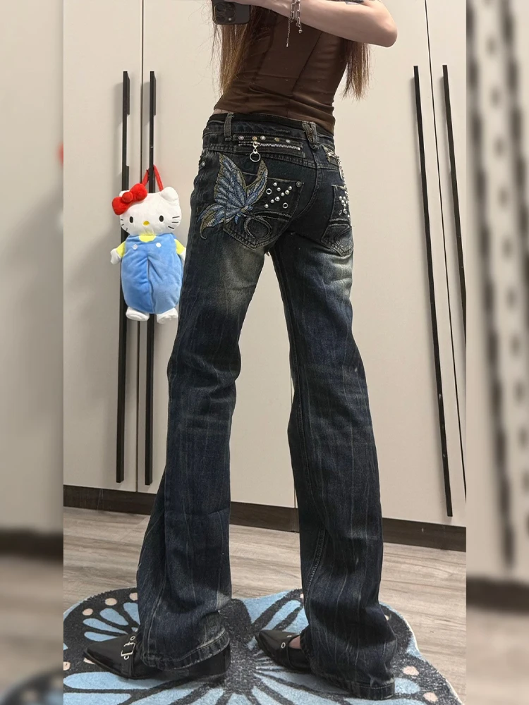 

Low Waist Embroidery Denim Jeans Women's Summer Vintage Y2K Millennium Slimming Micro Flared Pants Trendy