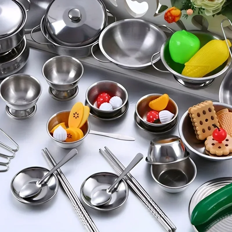 Doe alsof pannenset 25-delig kinderkeuken speelgoed pannenset mini roestvrijstalen spatel pannenset, chef-kok fantasiespel