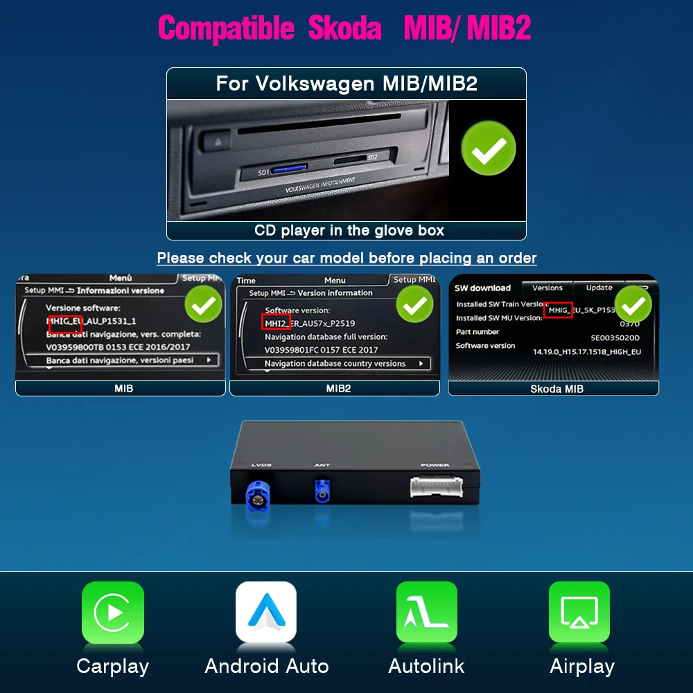AUTOTOP Draadloze Android Auto CarPlay voor Skoda Octavia Superb Fabia Kodiaq Rapid Rapid Spaceback MK3 NS7 NU7 Ondersteunt OEM Camera