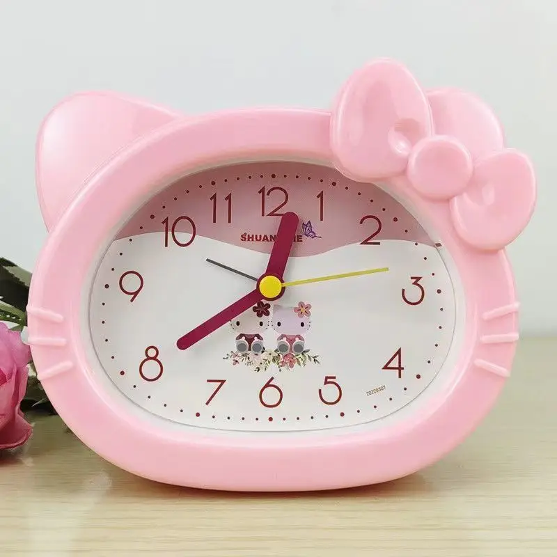 Cartoon Kawaii Hello Kitty Silent Alarm Clock with Night Light Student Bedroom Anime Character Shaped Ornament Small Alarm Clock