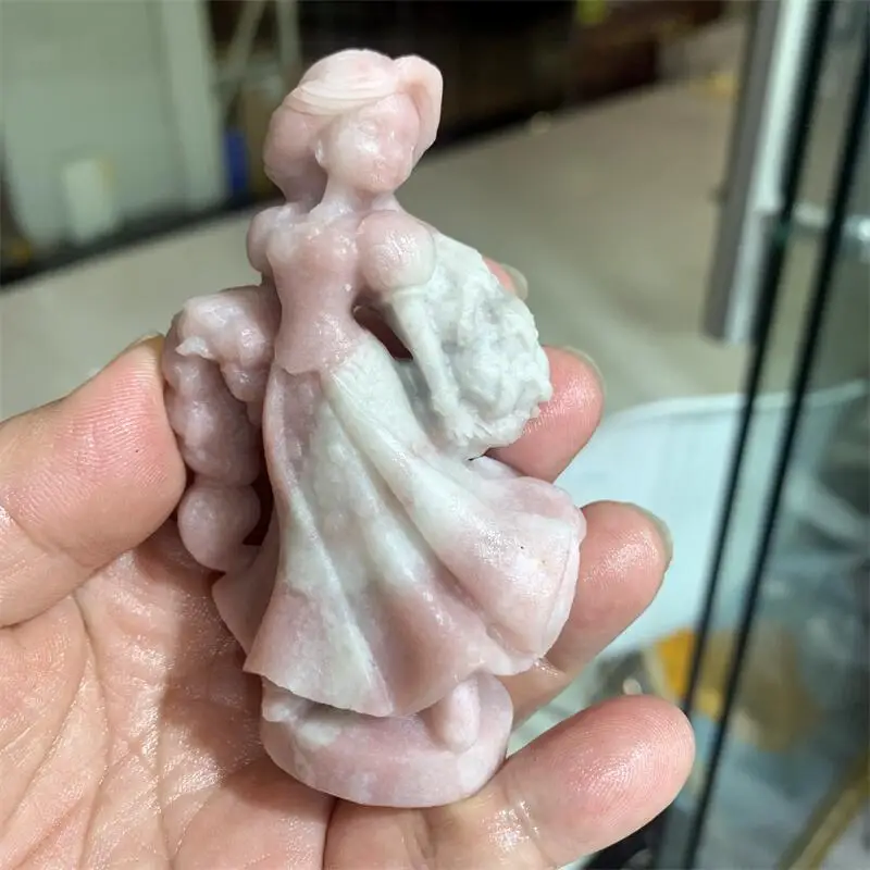 Natural Pink Opal Cartoon Princess Statue Carving Fengshui Craft For Home Decoration Healing Reiki Gift 1PCS