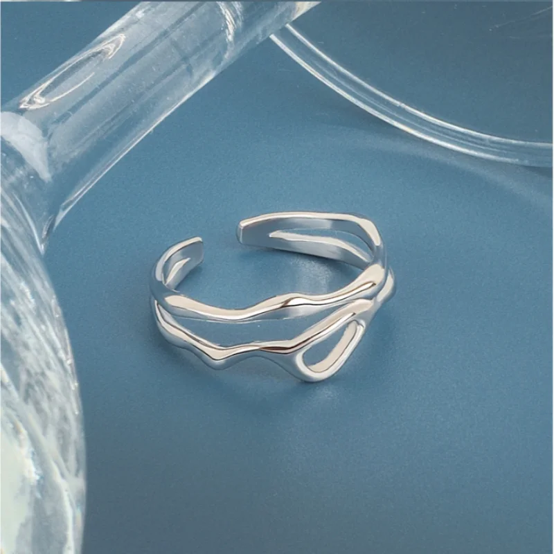 

925 Sterling Silver Korean Trend Simple Irregular Ring Geometric Curve Strip Double-Deck Open Adjustable Index Finger Ring