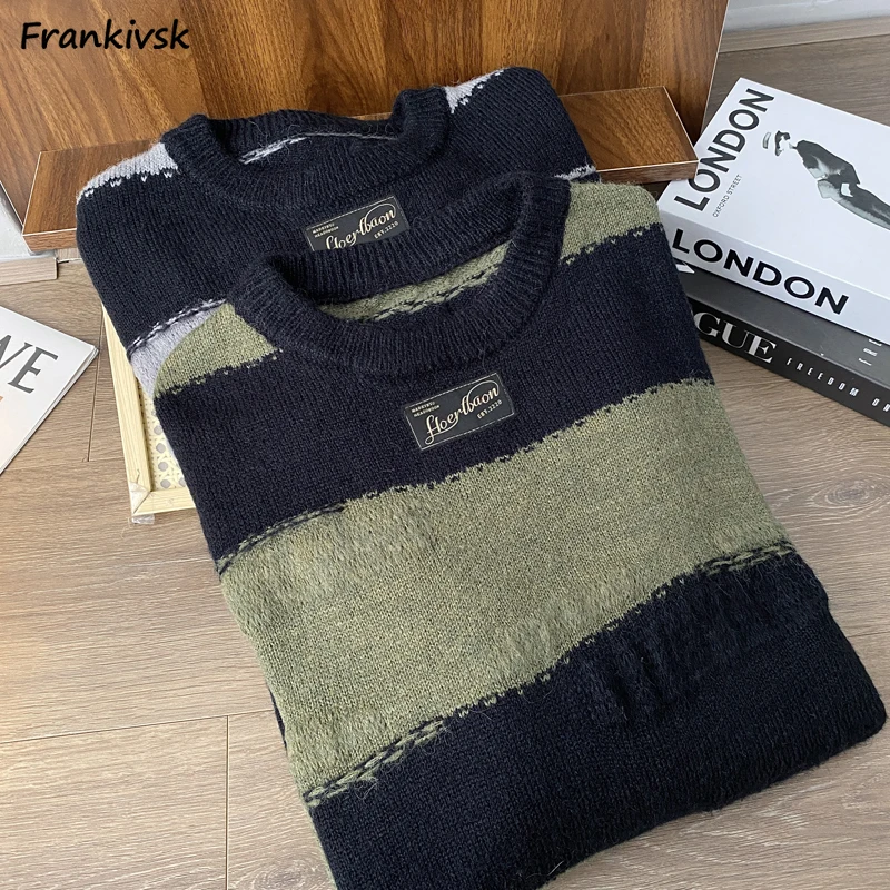 

Striped Sweaters Women Autumn Baggy Streetwear American Style Slouchy Temperament Frayed Comfortable Tender Schoolgirls Trendy