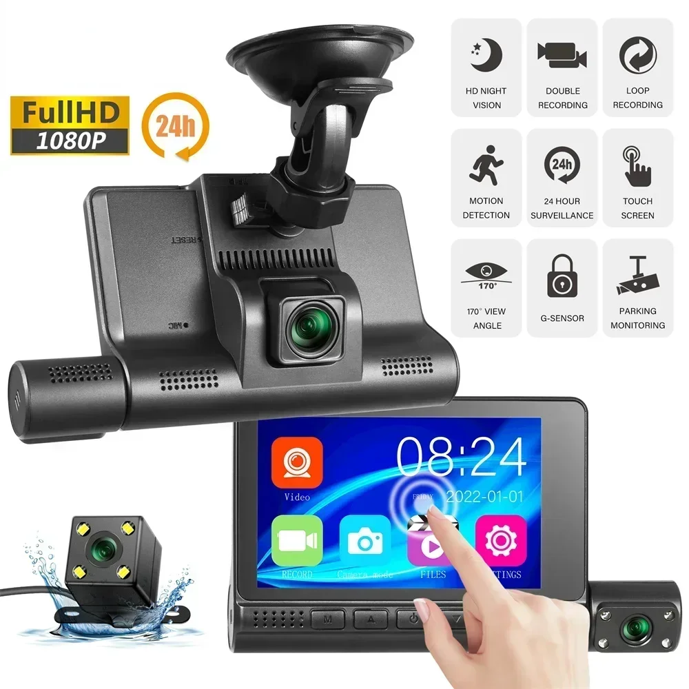 3 Lens Touch Screen Car Video Recorder 4 In Dash Cam Black Box IPS 1080P HD Car Mirror Recorder DVR Dash Camera Cars Camcorder