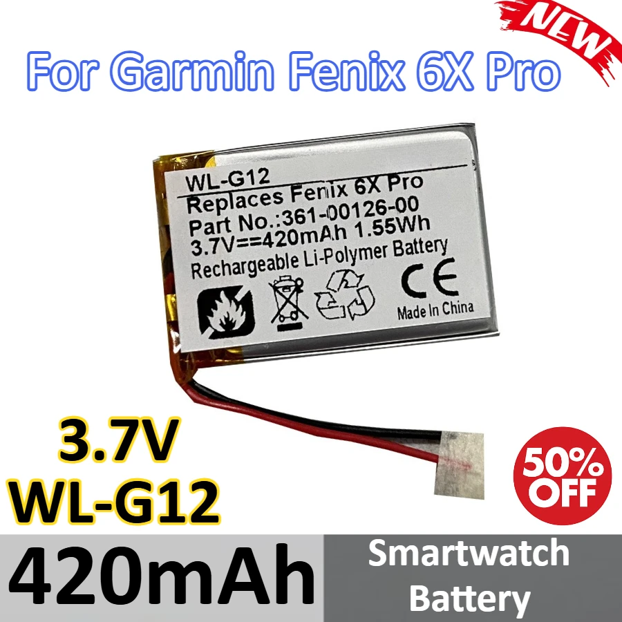 

WL-G12 3.7V 420mAh Replacement Battery for Garmin Fenix 6X Pro Smartwatch Battery 361-00126-00