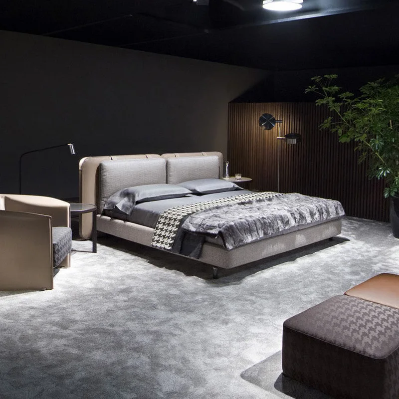 เตียงผ้าแบบมินิมอล ขนาด 1.8 เมตร เตียงคู่ สำหรับห้องนอนในวิลล่าหรือโรงแรม เตียงหนัง