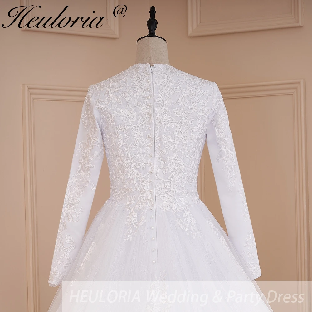 HEULORIA Muslim ball gown Wedding Dress long sleeve round neck plus size robe de mariee Lace beading bride dress court train