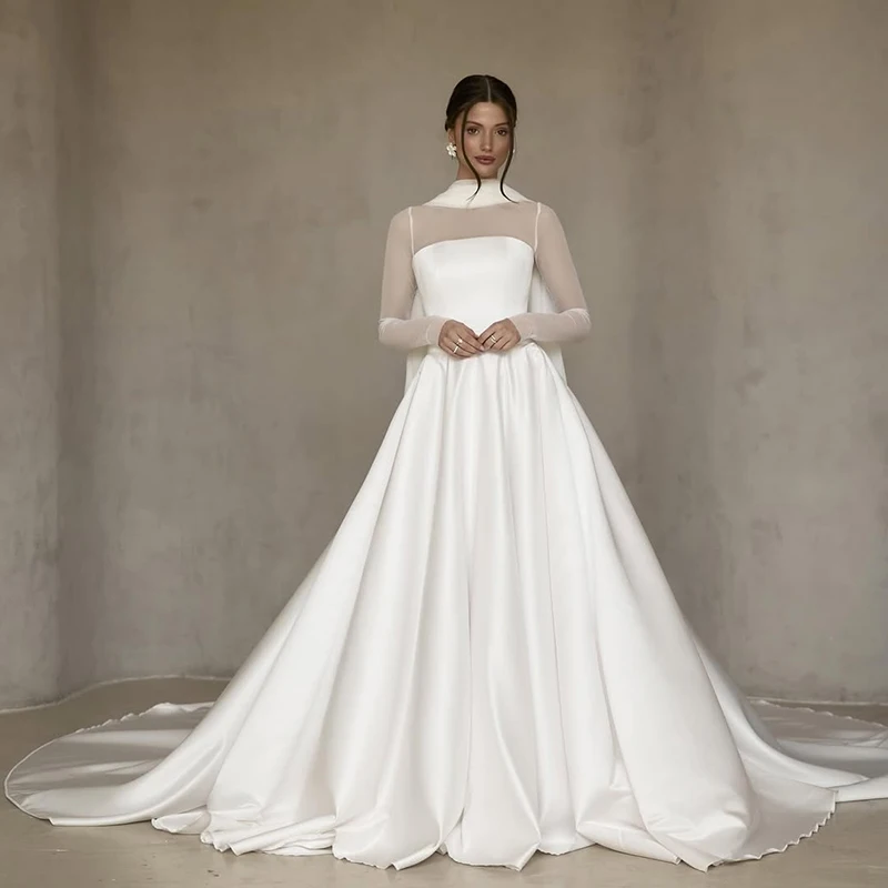 LORIE A-line Modest Wedding Gown Satin Elegant Wedding Dresses White Joint net Long Sleeves Wedding Gown Customized 2025
