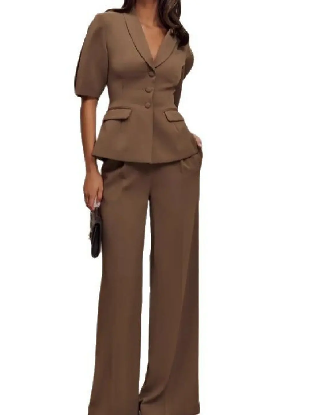 Spring women's fashion casual suit with elegant temperament, solid color short sleeved suit pants set for women