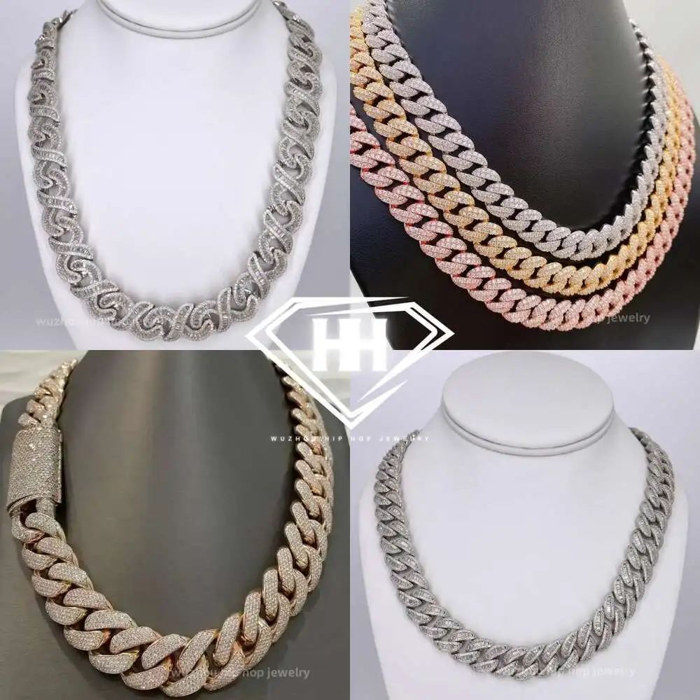 Hiphop New Custom 925 Silver 15mm Width 3 Tone Double Rows Iced Out Moissanite Cuban Link Necklace