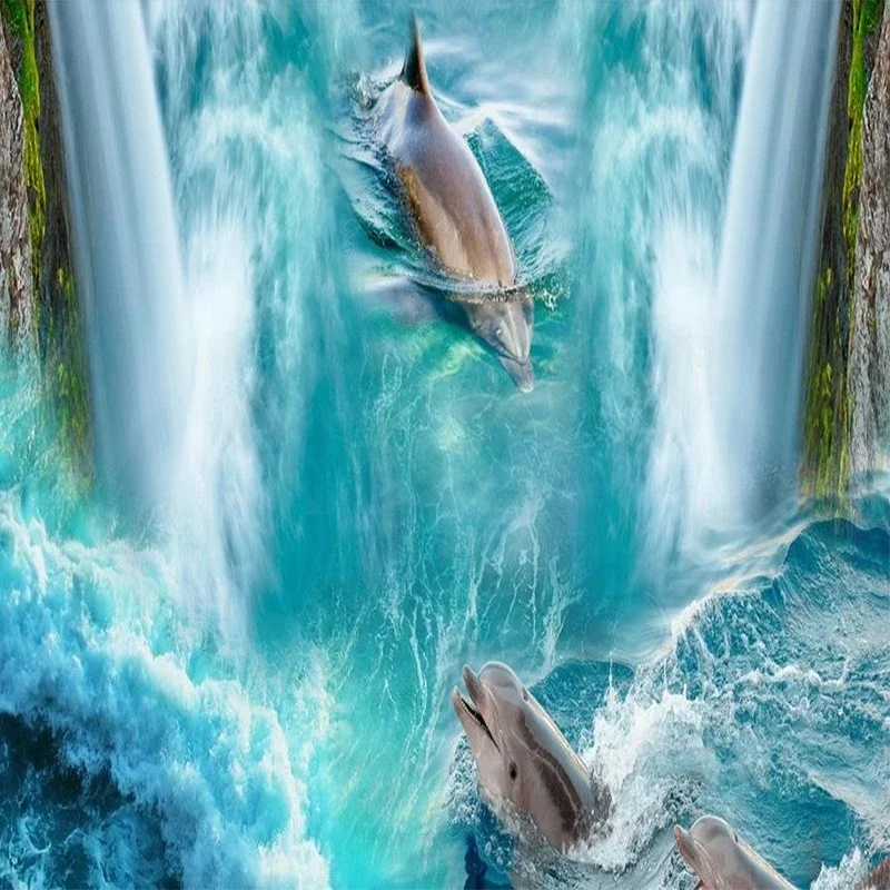 beibehang self adhesive wallpaper Dolphin Waterfall Waterproof Sticker Anti-slip Bathroom Floor 3D Mural wall papers home decor