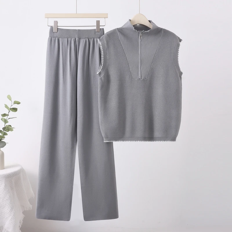 Summer Knit Sleeveless Sweatshirts Sets Women Casual Knitwear Tank Tshirts Suits High Waist Baggy Wide Leg Malhas Pants Conjunto