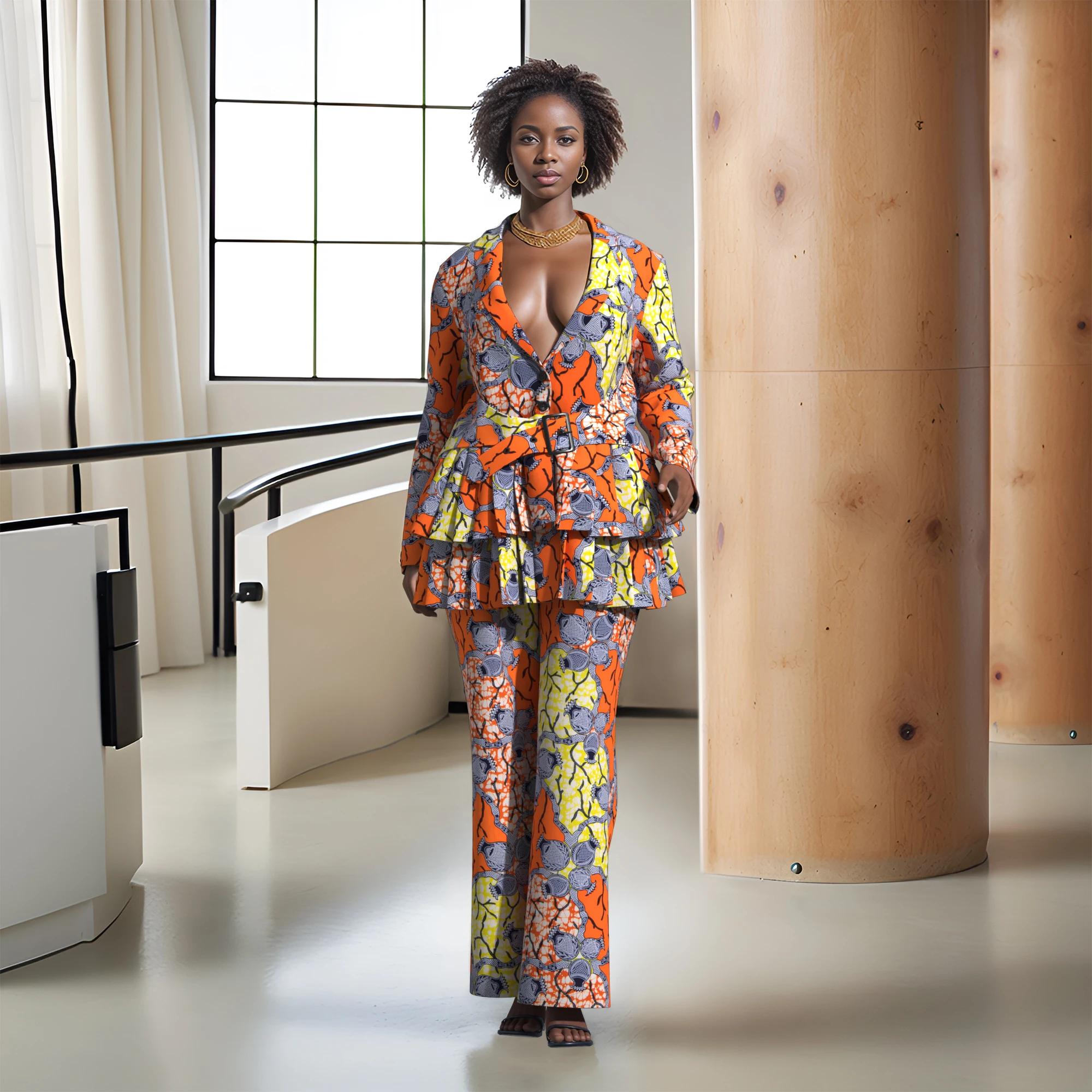 

African Print Business Women Blazer and Wide Leg Pant 2pcs Set Long Sleeve Deep V Neck Jacket Trousers Suit Sets Custom WY4109