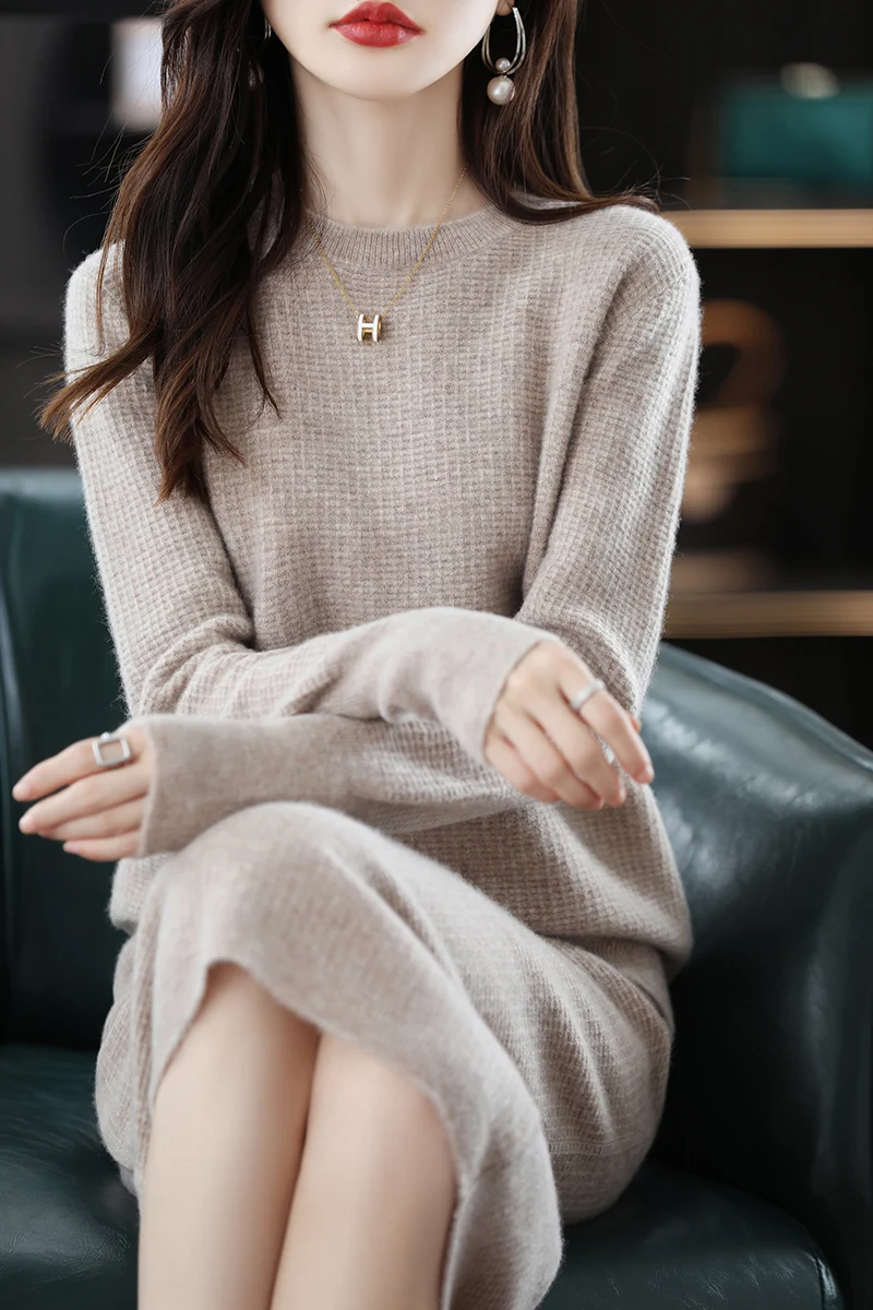 High Quality Fashion Suit Autumn Winter 100%Merino Wool Knit Sweater Women Tops And Harem Skirt Two-Piece Female Clothing Winter