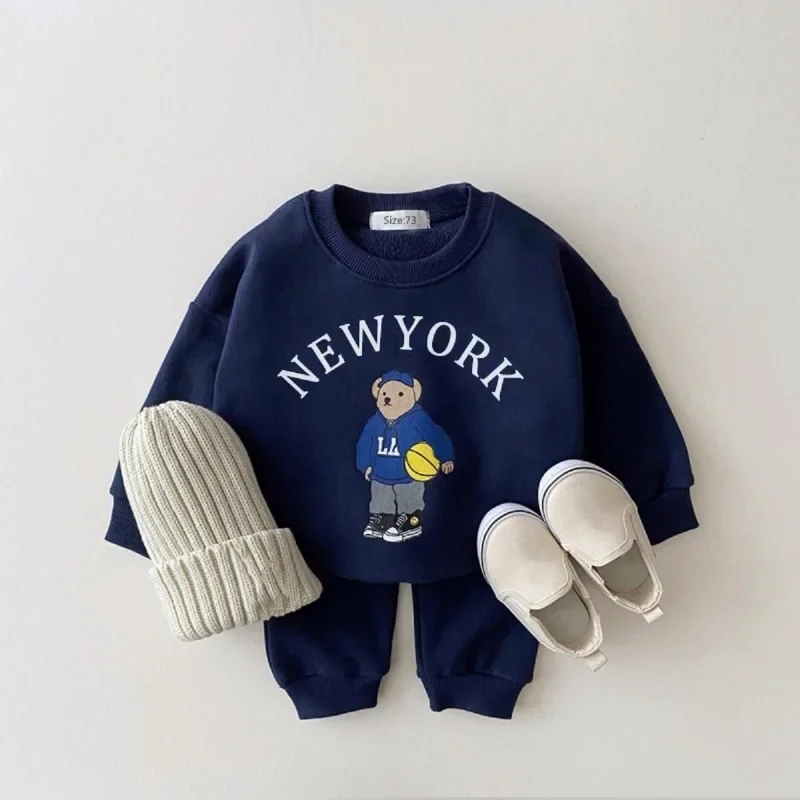 Korea 2023 Baby Boys Clothes Sets Letter Bear Girls Long Sleeve Casual Hoodie Sweatshirt+Pants 2pcs Kids Clothes Sports Suit New