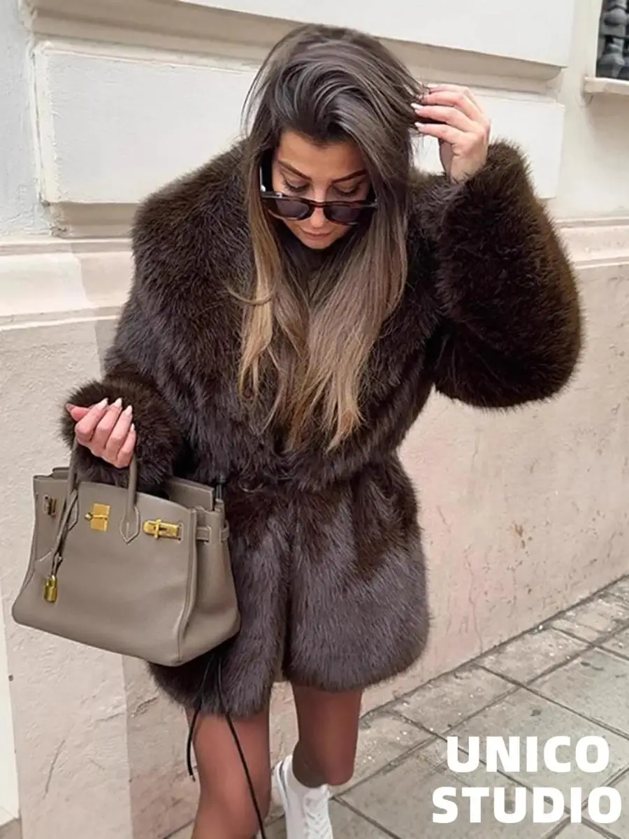 Casaco de pele sintética Street Sle com cinto e gola superior da Iuencer Trendy Thiened solto ajuste comprimento médio longo casaco Sve