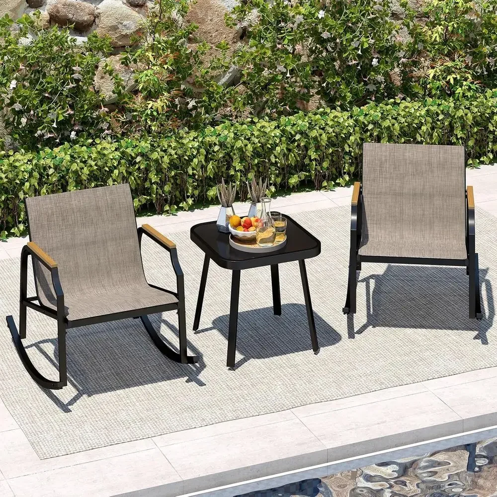 Brown Outdoor Patio Rocking Bistro Set with Metal Rockers and Tempered Glass Table