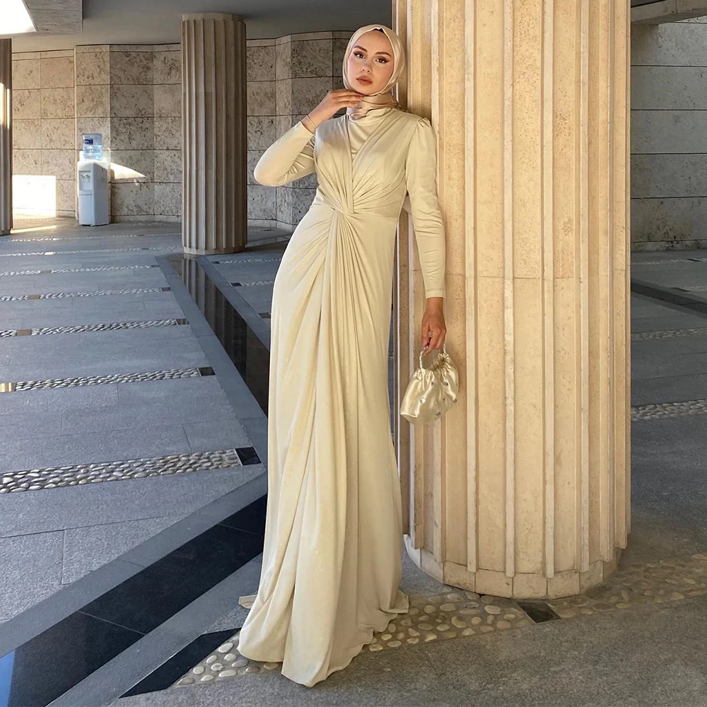 

Long Sleeve Evening Gown Elegant Pleat Middle Eastern Dress Straight High Prom Muslim Clothing فساتين السهرة 2023 جديده