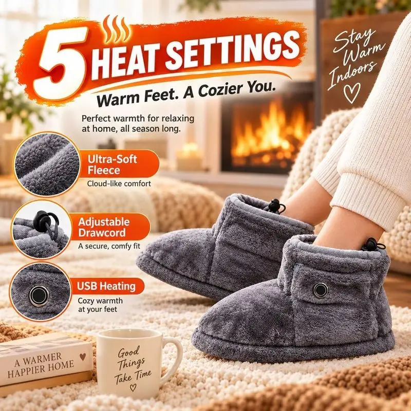 2027 New USB Heated Plush Slipper Boots, 5 Heat Levels Winter Indoor Foot Warmer Slippers for Men Women