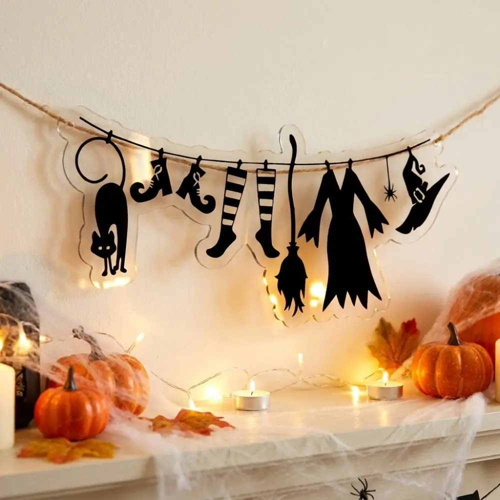 Acrylic Halloween Witch Hat Wall Art Spooky Witch Broom Witch Cloak Hat Party Bunting Minimal Black