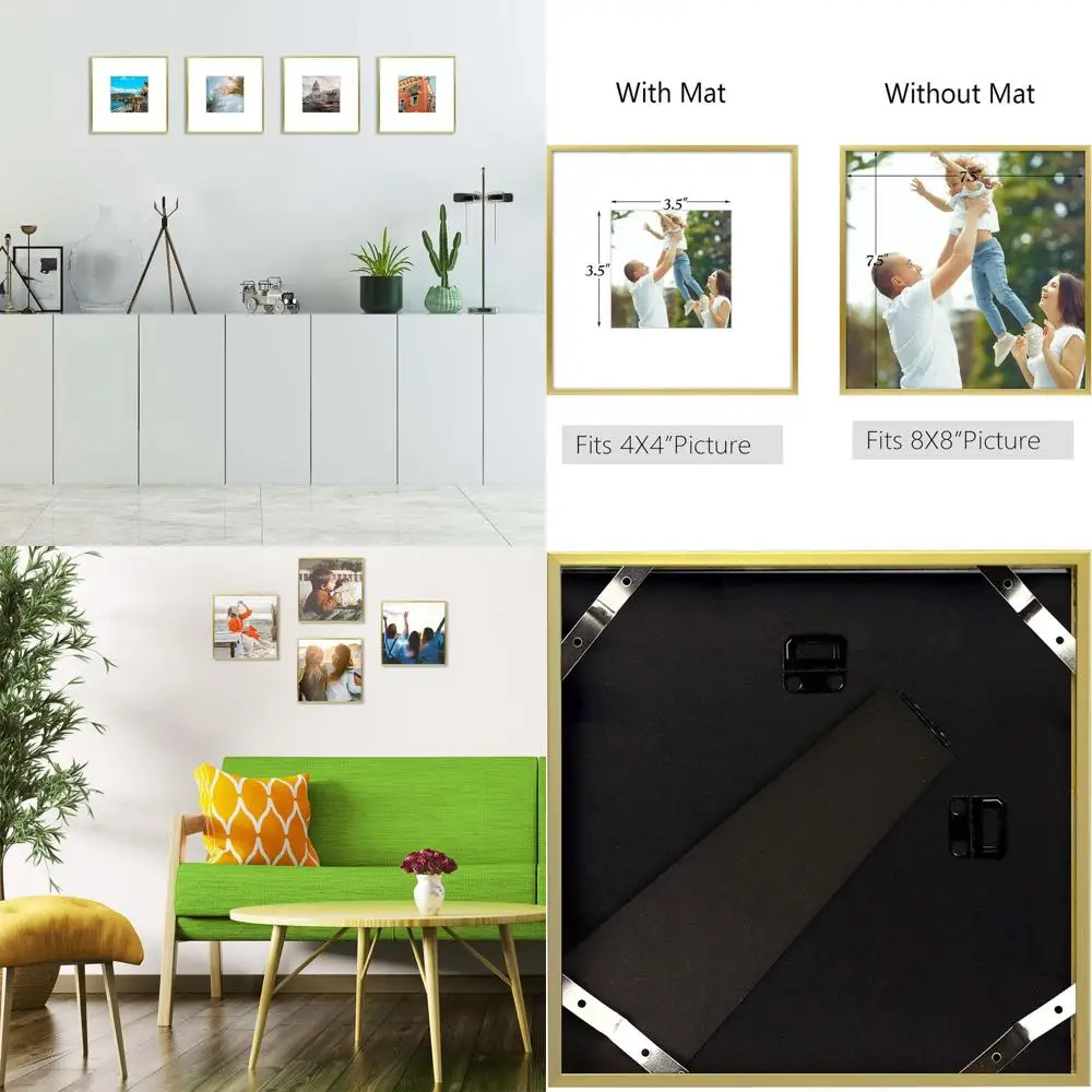 

Металлические фоторамки 8x8 для фотографий 4x4, набор из 4 штук, современный золотой цвет, для настенного или настольного размещения