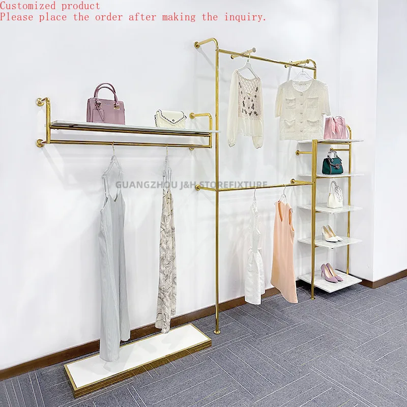 

Custom.Hanging Rail Shelves Stainless Steel Gold Cloths Rack Wall Mounted Retail Clothing Display Industrial Pipe Clothes Rack