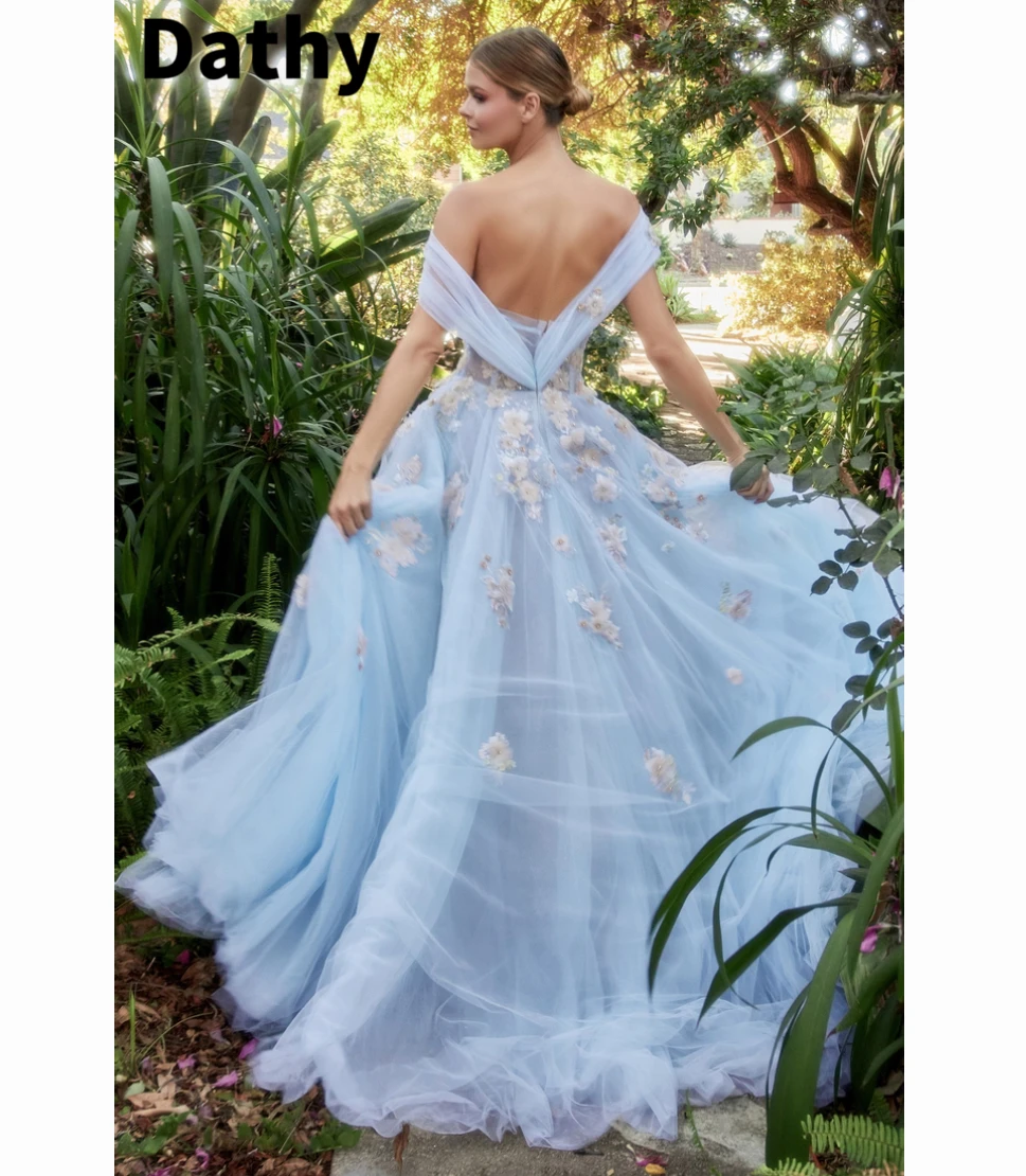 Dathy Blue Tulle Off The Shoulder Dress 3D Appliqué Sweetheart Party High Waist Puffy Skirt Evening Dressفستان سهرة نسائي