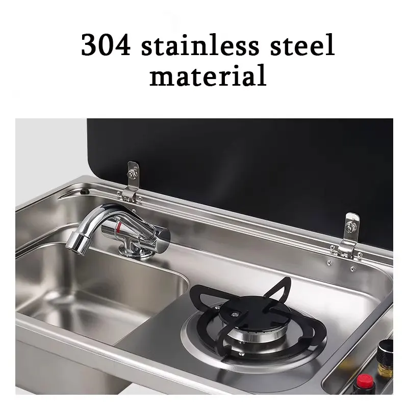 RV Sink with One Burner Gas Stove Hot/Cold Faucet 304 Stainless Steel Cutting Board for Caravan Motorhome Boat Yacht Kitchen