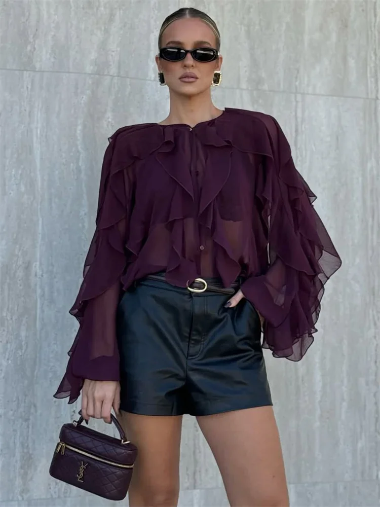 Ruffled V-Neck Fashion Shirts Top Women's Patchwork Tee Bow Lace-Up High Waist Blouse Elegant Autumn 2025 Female Shirts