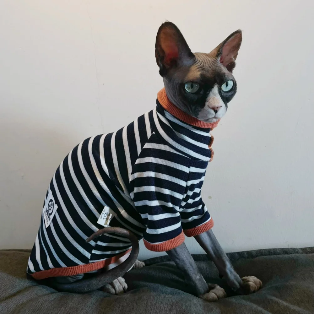 Turtleneck Striped Base Layer T-shirt for Sphynx Cat Spring Fashion Long Sleeves Coat for Male Cats Black Pajamas for Kittens