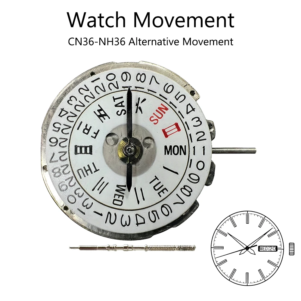 NH36 Alternative CN36 Automatic Mechanical Watch Movement Day Date Crown At 3 Fits NH Series Case Replacement Watch Accessories