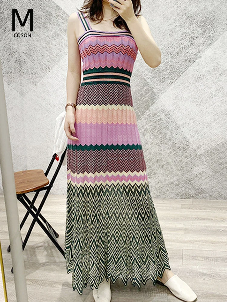 

High Quality Dress 2022 Autumn Pin Sleeveless Women's Rainbow Gradient Mixed Color Stripe Fashion Slim-Fit Spaghetti Strap S-L