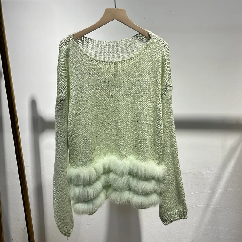 2025 donna primavera paillettes lucide design maglione di pelliccia sottile pelliccia di volpe naturale ragazza autunno maglione cappotto lavorato a maglia