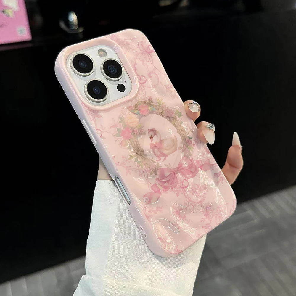 Koreanisches Mädchen Niedliches Schwanenmuster Handyhülle für iPhone 17 16 15 14 13 12 11 Pro Max 14 Plus 17Air Falten-Wellen Weiche Silikonhülle – Detail 3