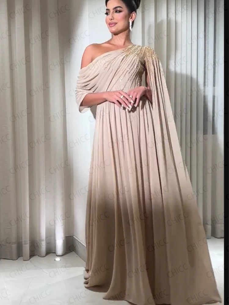 Luxury Evening Dresses One Shoulder Sleeveless A Line Prom Dresses Chiffon Beading Wedding Guest Gown Customized robes de soirée
