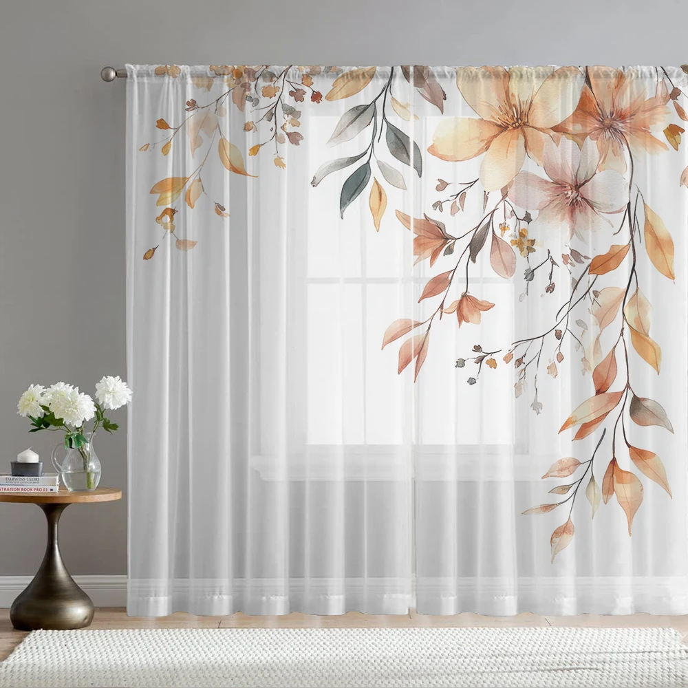 2PCS Orange floral printed window screens for home decoration, with pole bags, suitable for kitchens, cafes, and living rooms