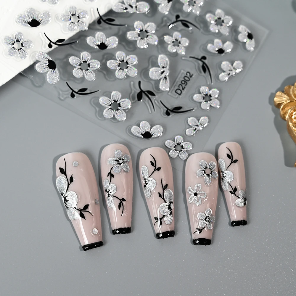 5D Sparkling Silvery Floral Nail Art Stickers Self-Adhesive Glitter Hibiscus Cherry Blossom Spring Summer Floral Nail Art Decora